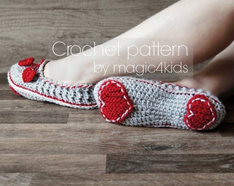 Crochet pattern- women slippers,loafers,home shoes,for women,girls,adults,medium thickness yarn,feminine look,soles pattern included,heart