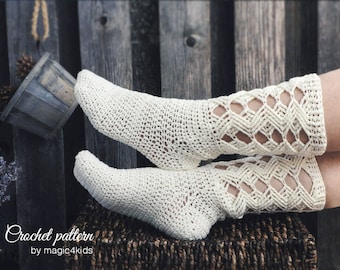 Crochet pattern: woman lacy socks,all women sizes,ladies long socks,lace,adult,girl,slippers,boots,boot socks,loafers,crochet cables