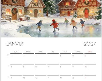 Calendario de pared 2027 – Ilustraciones de chalets invernales en acuarela | Arte acogedor de montaña | Escenas de temporada | Regalo de decoración para el hogar | A3/A4/14×40
