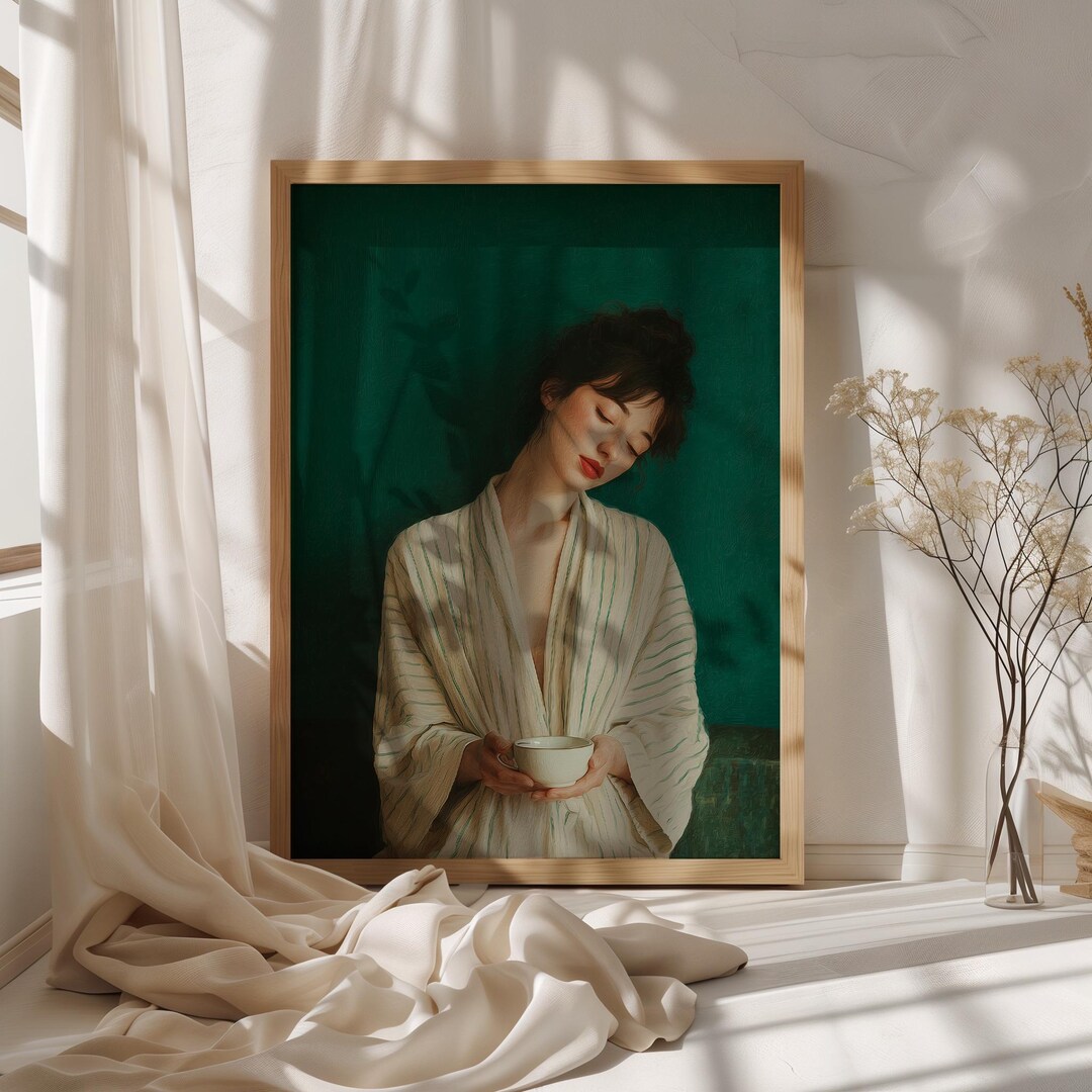 Serene Woman Art Print Emerald Green | Minimalist Vintage Wall Art ...