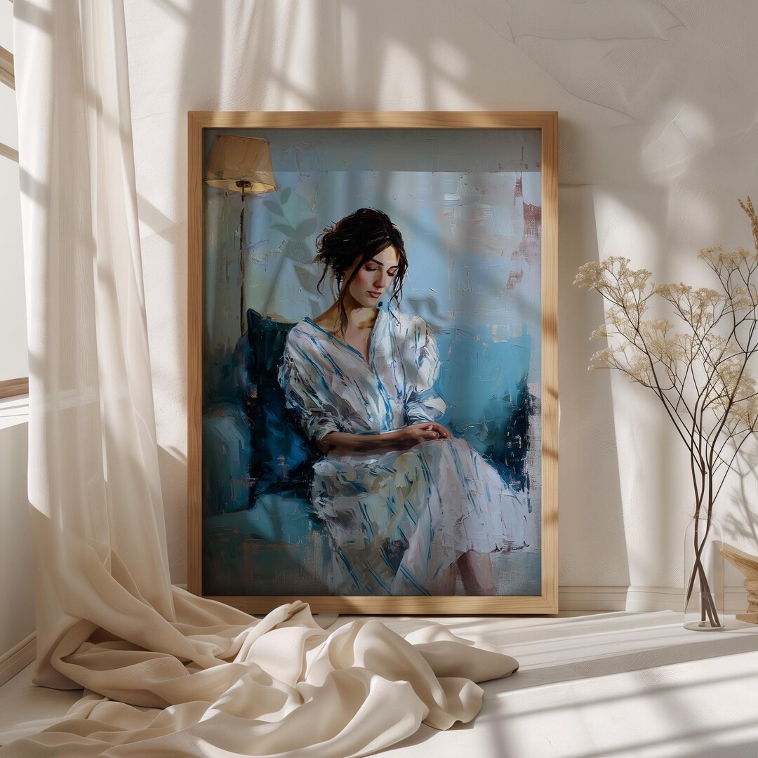Blue Wall Art Print – Pensive Woman on Sofa, Minimalist Calm Decor ...