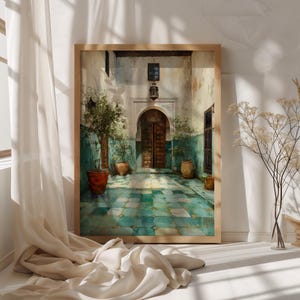 Moroccan Courtyard Wall Art – Riad Print, Turquoise Blue Zellige Tile, Moorish Arch, Marrakech Decor | Atlas Serenity