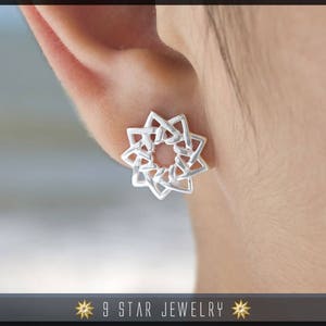 Sterling Silber 9 Stern Ohrstecker - Der Lotus - Einheit der Religionen - Bahai - BES7