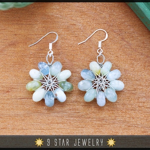 Aquamarine Radiant Star Earrings w/ 925 Sterling Silver Hooks - Baha&#39;i 9 Pointed Star Wire-wrapped Dangle Earrings - BRSE35