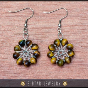Tiger&#39;s Eye Radiant Star Earrings - Baha&#39;i 9 Star Gemstone Crystal Wire-wrapped Dangle Earrings - BRSE30