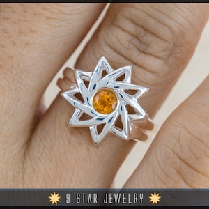 Citrine - Sterling Silver 9 Star Baha'i Ring with genuine gemstone - (Limited Edition) - BRS6C