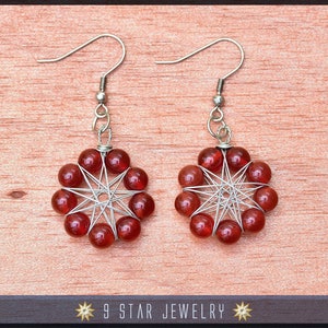 Red Carnelian Radiant Star Earrings - Baha&#39;i 9 Star Gemstone Wire-wrapped Dangle Earrings - BRSE28