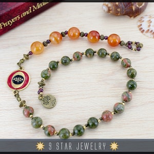 Carnelian & Unakite  w/ bahai ringstone symbol - Baha&#39;i Prayer Beads 5x19 (Alláh-u-Abhá) &quot;Fruits of One Tree&quot;- BPB84
