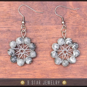 Landscape Jasper Radiant Star Earrings - Baha&#39;i 9 Pointed Star Wire-wrapped Dangle Earrings - BRSE33