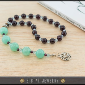 Garnet & Hemimorphite w/Tree of Life - Baha&#39;i Prayer Beads 5x19 (Alláh-u-Abhá) &quot;Sanguine&quot; - BPB47