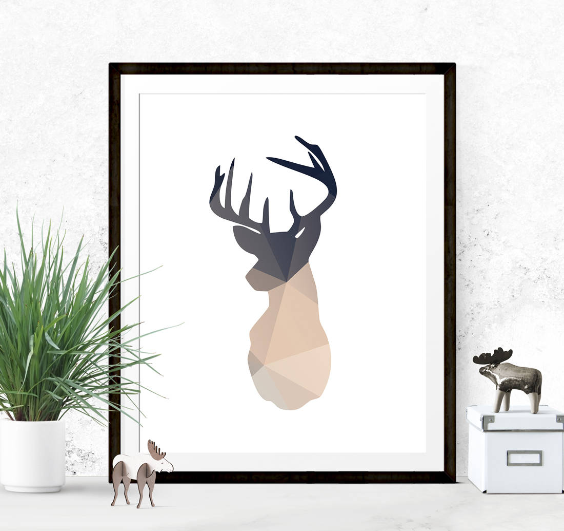 Deer Head Print Charcoal Beige Graphic Art Print | Etsy