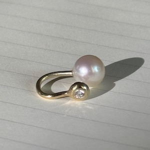 Verena Ear Cuff 14k Gold with one Akoya pearl and one .03ct  Diamond