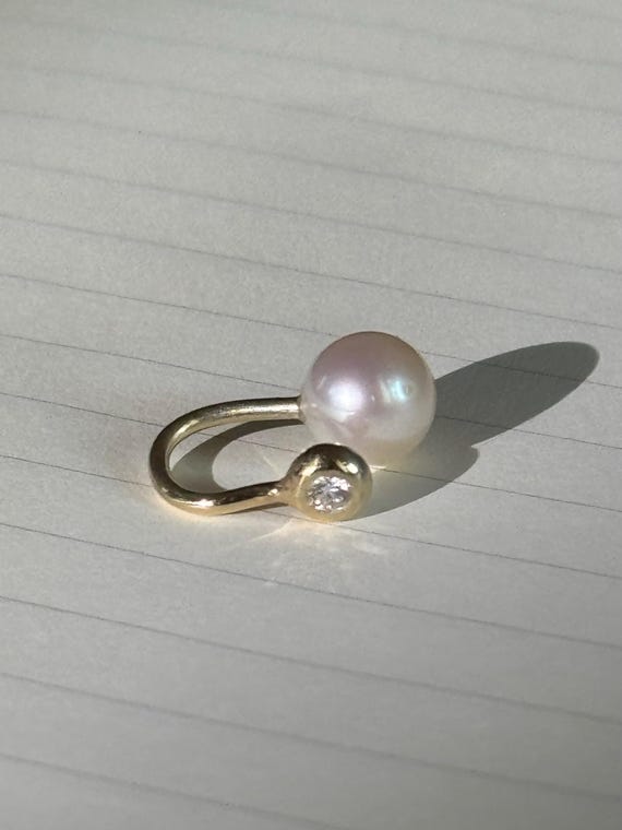 Verena Ear Cuff 14k Gold with one Akoya pearl and one .03ct  Diamond