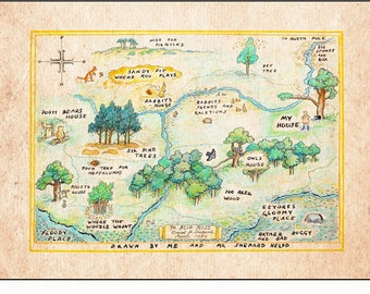 Cien acres de madera mapa de color Winnie el pooh 100 acres madera mapa clásico vintage cartel vivero impresión A. Milne Home Wall Decor # A96