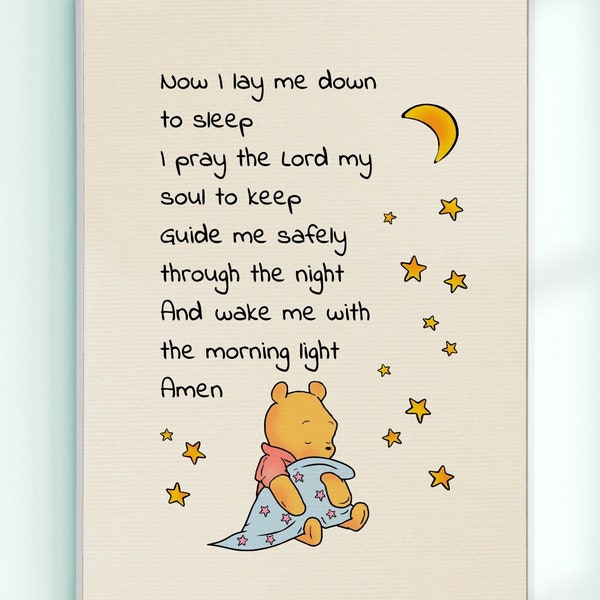Bedtime Prayer Poster Now I lay me down to sleep...Sign Christian Baby Gift Baptism Nursery Wall Art Winnie the Pooh Print Home Decor # A657