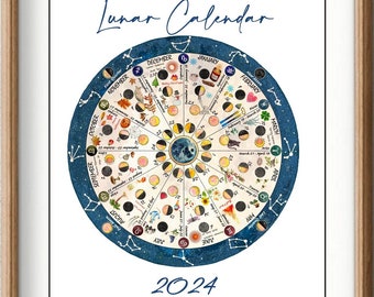 Calendario lunar 2024 Imprimir Calendario lunar 2024 Rueda astrológica del zodiaco del año Fase lunar Póster