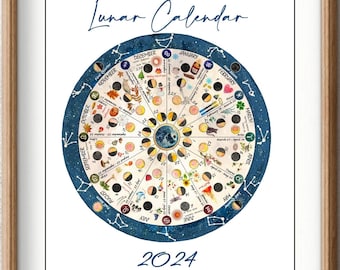 Calendario lunar 2024 Calendario lunar 2024 Rueda zodiacal astrológica del año Fase lunar Descarga digital instantánea