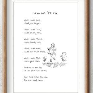 Nu zijn we zes A. A. Milne gedichten afdrukken toen ik één was, was ik net begonnen toen ik twee was... Winnie de Poeh citaat poster digitale download