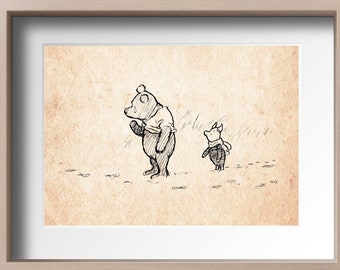 Winnie the Pooh and Piglet Classic Vintage Poster Nursery Print A. Milne Home Wall Decor # A4