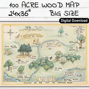 Carte en bois de 100 acres Winnie l'ourson, affiche 24 x 36, baby shower, fête d'anniversaire, impression pièce maîtresse, décoration de chambre d'enfant, téléchargement numérique
