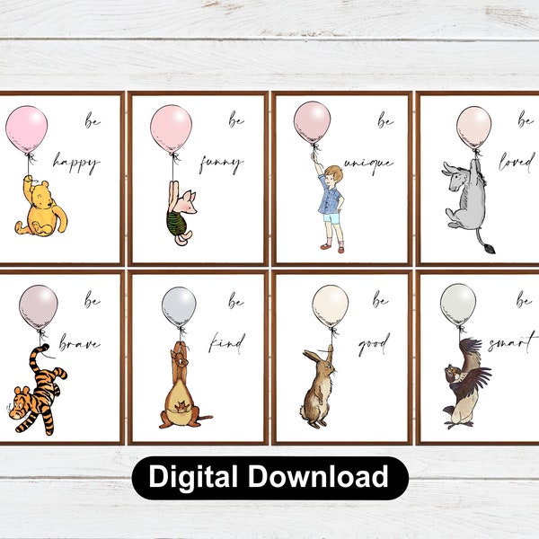 Winnie The Pooh Balloon Poster Set of 8 Playroom Decoration Be...Happy... Funny...Party Print Birthday Gift Nursery Instant Digital Download