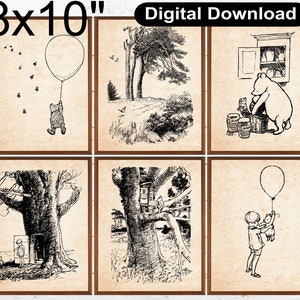 8x10 Set of 6 Winnie The Pooh Print Nursery Poster Party Decoration Baby Shower Birthday Instant Digital Download