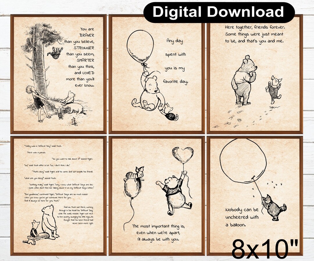 Winnie the Pooh Quote Vintage Poster Set of 6 Party Print 8x10 ...