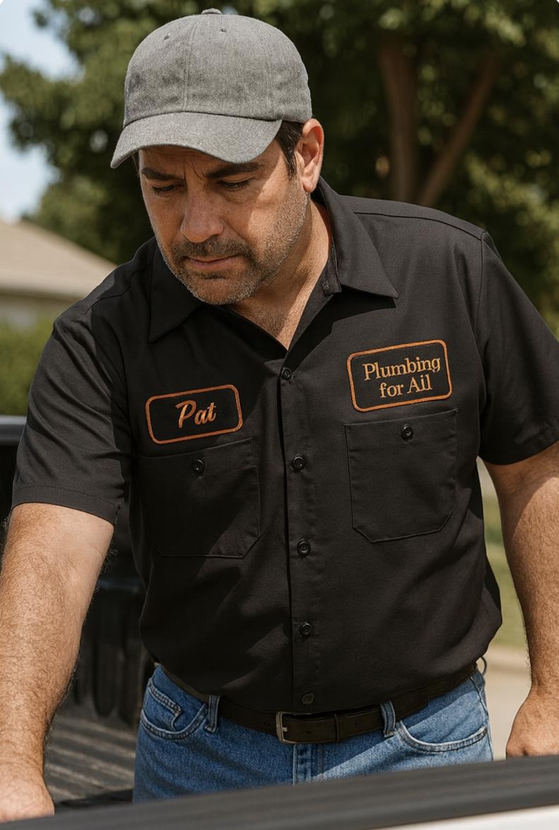 Camisa de trabajo de manga corta para hombre con etiqueta bordada personalizada, camisa de mecánico abotonada personalizada, camisa de pandilla de motociclistas, regalo para él, uniforme de empleado imagen 10