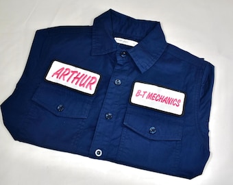 Kids Name patch shirt, Childs retro Gas Station top, Cotton button up, Toddler work shirt, vintage inspired custom embroidered, personalized