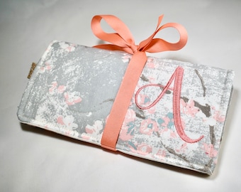 Embroidered Initial Jewelry Roll, Quilted Cotton Travel Organizer