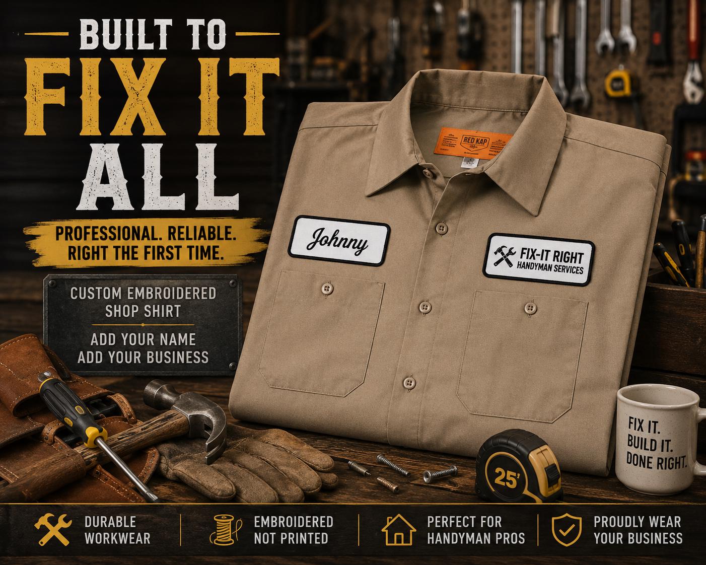 Custom Handyman Shirt, Embroidered Name Patches, Personalized