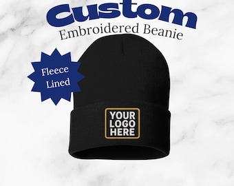 Custom Embroidered Fleece Lined Beanie, Personalized Logo Hat, Warm Winter Knit Cap, Company Logo