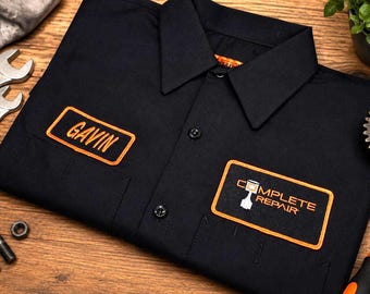 Camisa de trabajo de manga corta para hombre con etiqueta bordada personalizada, camisa de mecánico abotonada personalizada, camisa de pandilla de motociclistas, regalo para él, uniforme de empleado