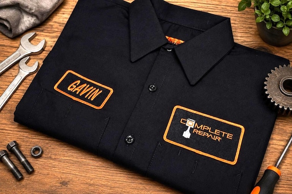 Custom Embroidered Name Tag Mens Short Sleeve Work shirt, Custom Mechanic Button up Shirt, Biker Gang Shirt, Gift for Him, Employee Uniform