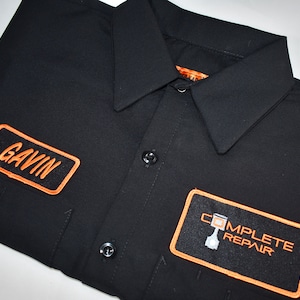 Custom Embroidered Name Tag Mens Short Sleeve Work shirt, Custom Mechanic Button up Shirt, Biker Gang Shirt, Gift for Him, Employee Uniform