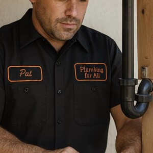 Puede incluir: Una camisa de trabajo negra de manga corta con dos bolsillos en el pecho y parches bordados en naranja. El parche izquierdo dice Pat y el derecho dice Plumbing for All en letras naranjas. La camisa tiene un cuello cl&aacute;sico.