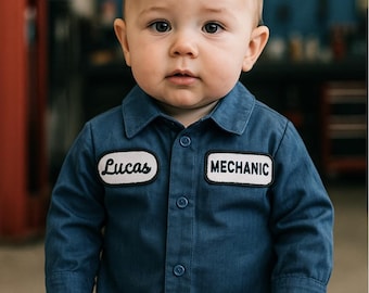 Personalized Baby Mechanic Onesie: Embroidered Work Shirt, Custom Name Patch