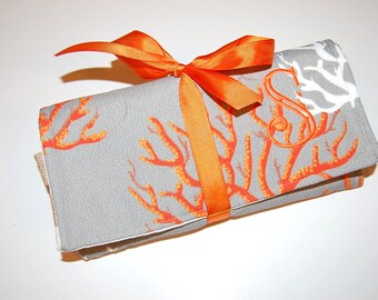 Personalized Travel Jewelry Roll: Embroidered Initial, Orange Coral Design