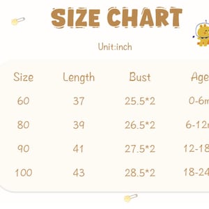 May include: A size chart for children's clothing with the heading SIZE CHART and Unit:inch. The table lists sizes 60, 80, 90, and 100 with corresponding length, bust, and age ranges from 0-6m to 18-24m. A small giraffe and astronaut bear icon appear.