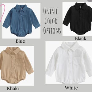 May include: Four long-sleeve collared onesies in blue, black, khaki, and white. Each garment features a button-down front, a chest pocket, and long sleeves with cuffs. The text "ONESIE COLOR OPTIONS" is displayed alongside the items.