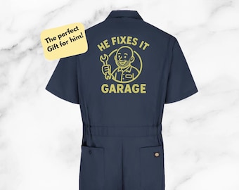 Custom Embroidered Dickies Coveralls – Personalized Mechanic Workwear – Short Sleeve Shop Suit – Garage Uniform – Custom Logo Gift for Him
