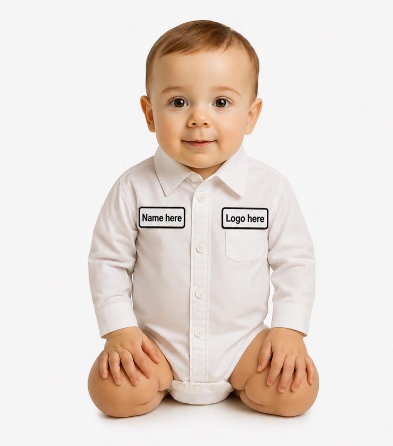 May include: A white long-sleeved button-down bodysuit featuring a classic collar and two rectangular patches on the chest. The left patch displays the text Name here, and the right patch displays the text Logo here, both in a black sans-serif font.