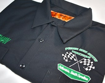 Custom Personalized Racing Shirt, Embroidered Old School Mechanic Shop Shirt, Retro Gas station apparel, Vintage like Mens Button up
