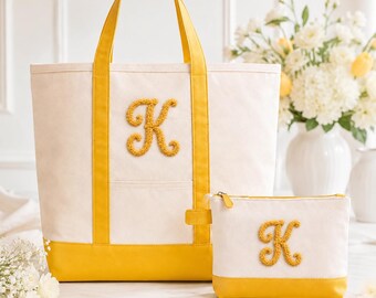 Custom tote, Chenille yarn monogram, 2 piece set, matching make-up bag