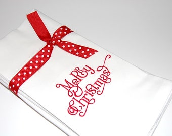 Embroidered Christmas Cotton Napkins, Holiday Hostess Gift, Set of 4