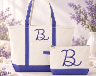 Custom tote, Chenille yarn monogram, 2 piece set, matching make-up bag