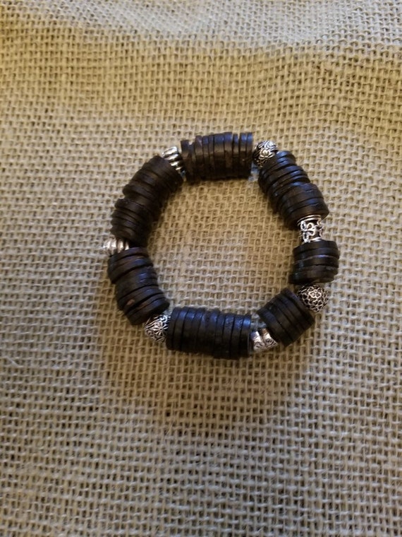 Charm Bracelet with Vintage Coconut Shell Heishi Beads