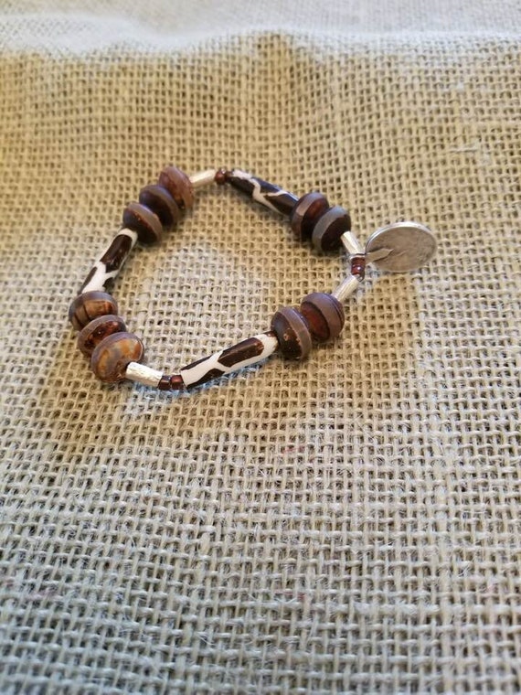 Giraffe Bracelet with Batlik Bone Beads, Brown Bone Beads, Coin Charm and Ethiopian Scratch Beads