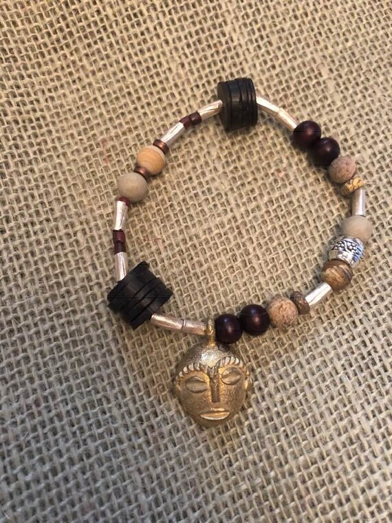 African Pendant Bracelet with Natural Wood, Vintage Glass, Coconut Shell, and Ethiopian Scratch Beads
