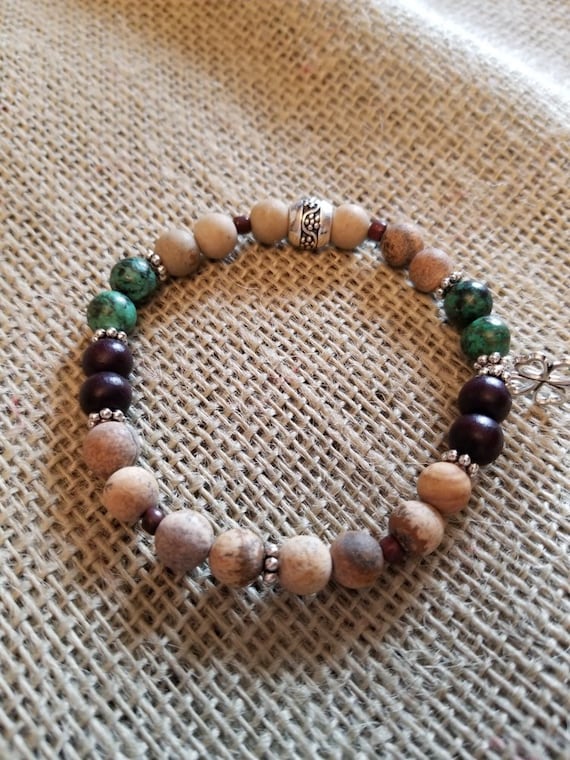 Expandable Healing Bracelet with Turquoise, African clay beads and mahogany beads